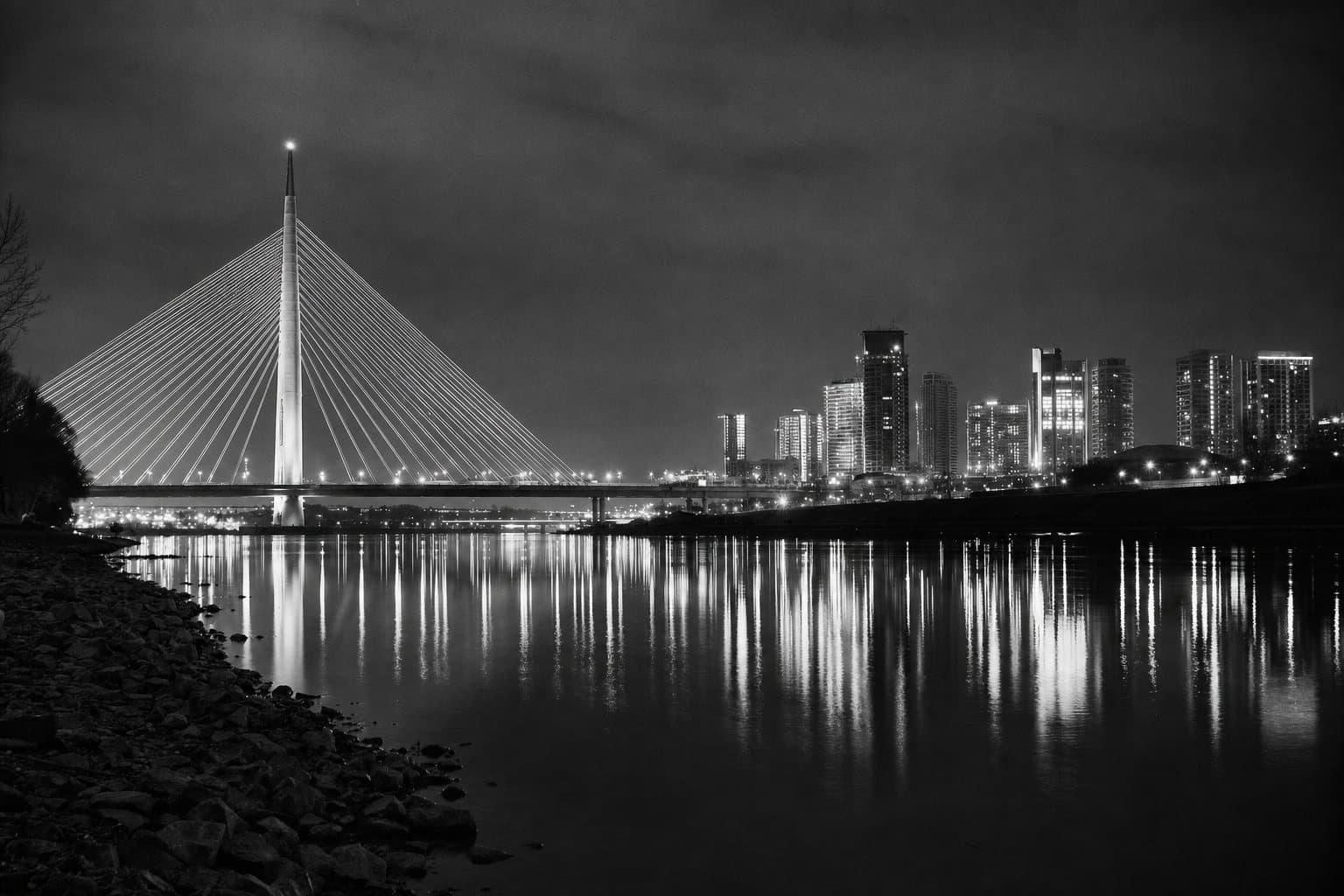 Ada Bridge and New Belgrade at night from the Sava