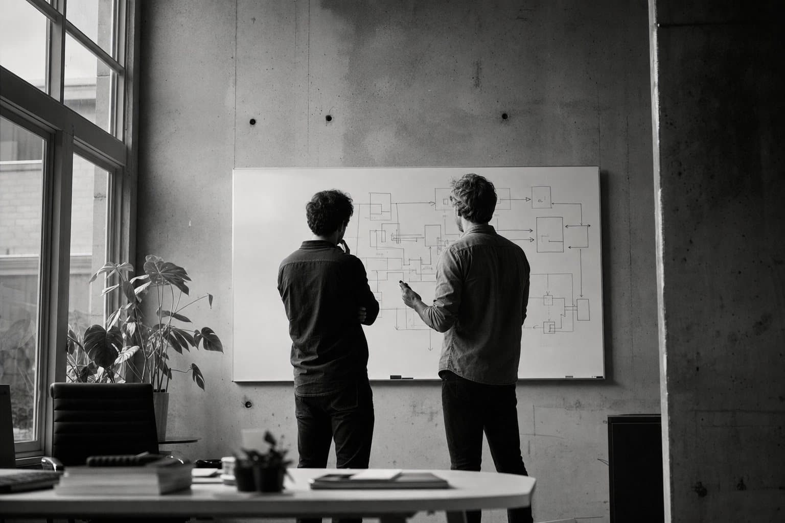 Two engineers at a whiteboard with a system diagram