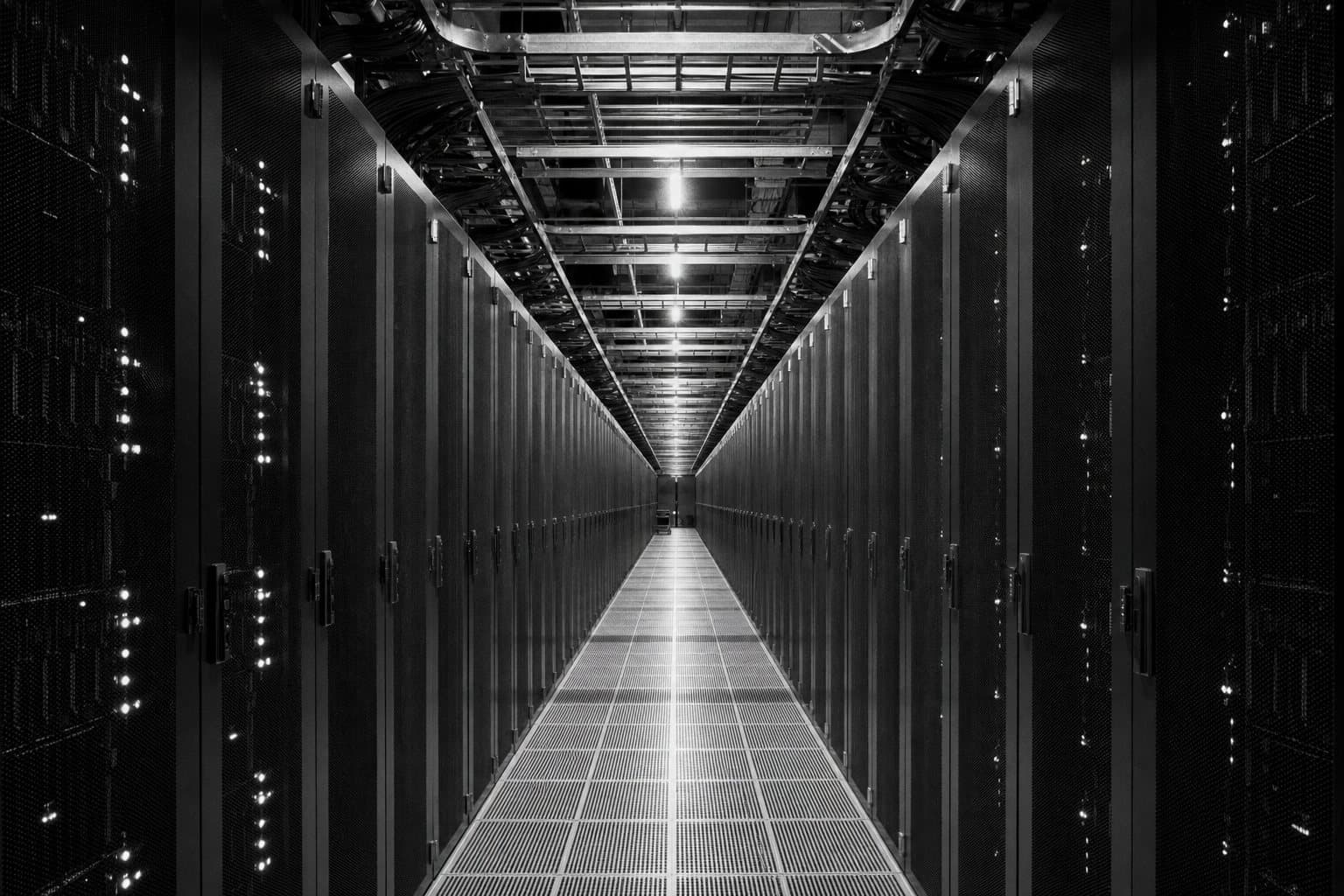 Data center corridor between server racks