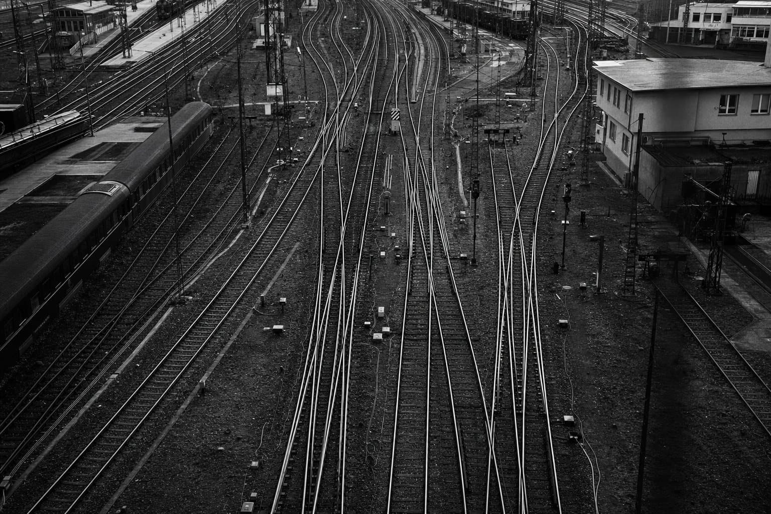 Railway junction where tracks merge and split
