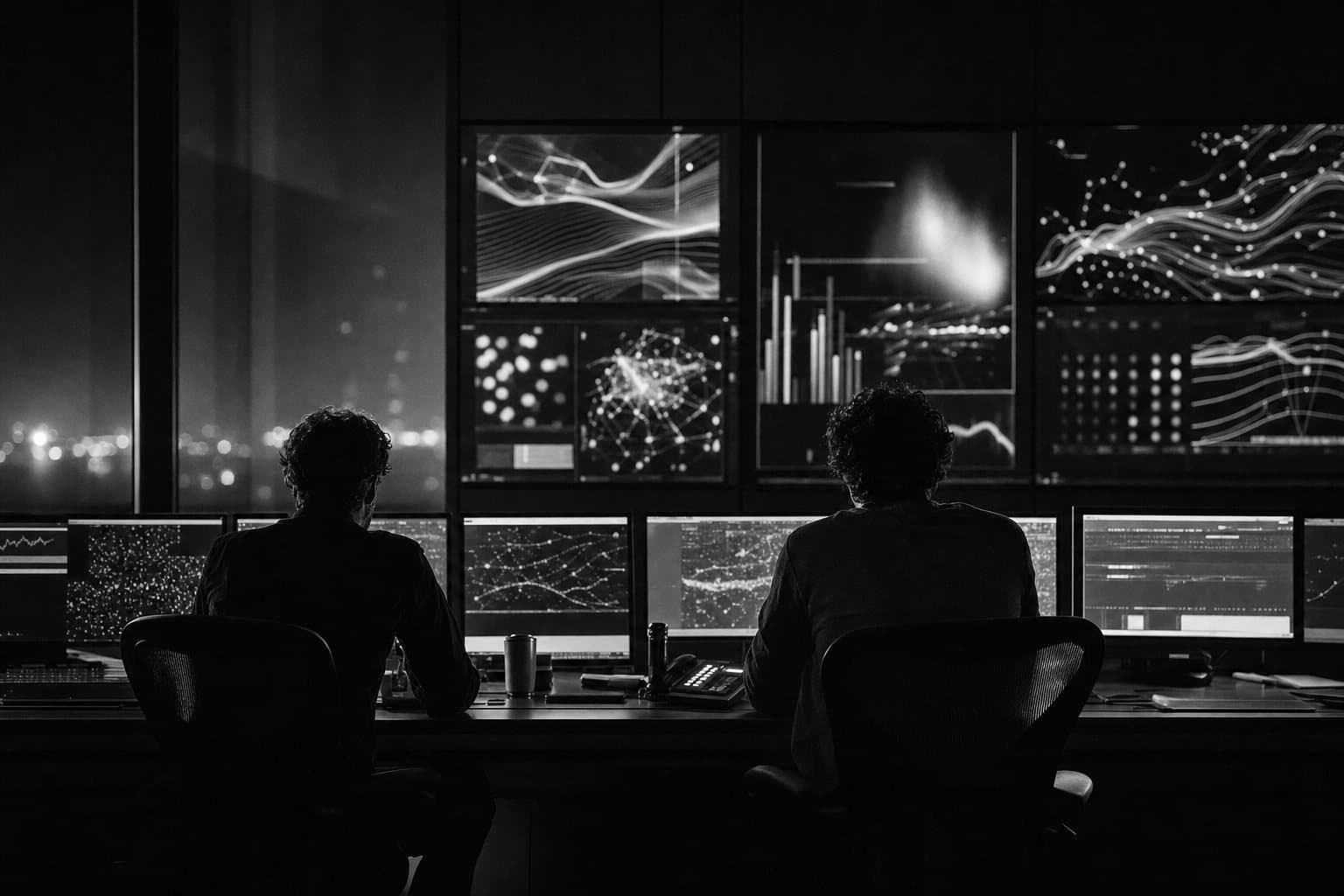 Engineers in an operations room facing monitoring screens